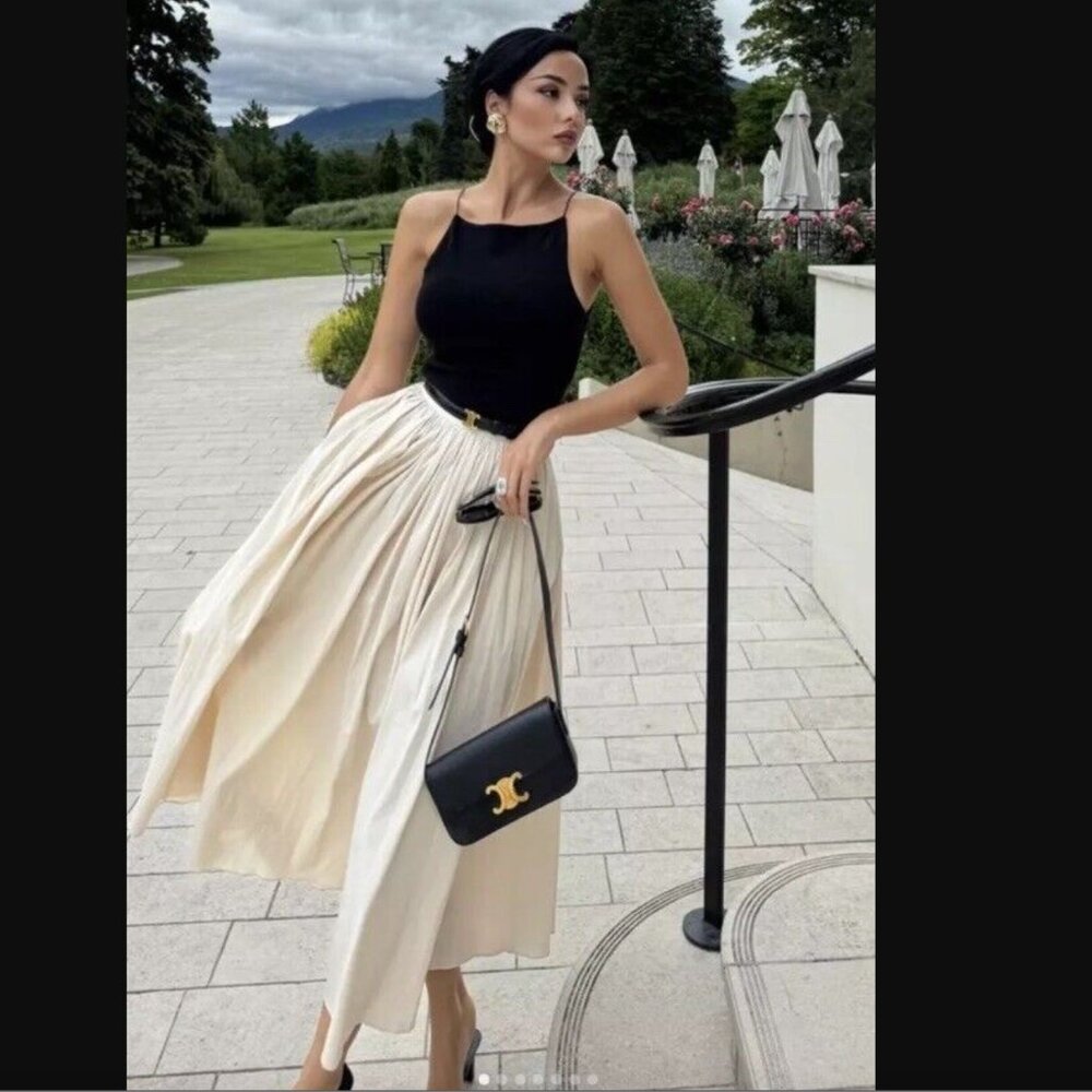 Zara Tan Pleated, Voluminous Midi Skirt, Size S / M
